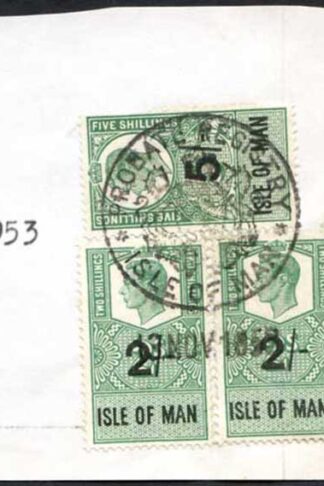 Isle of Man KGVI 2 x 2/- and 5/- Key Plate Type Revenues CDS on Piece
