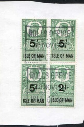 Isle of Man KGVI 5/- Block 4 Key Plate Type Revenues Used on Piece