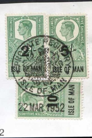 Isle of Man KGVI 10/- + 5/- + 2/- Key Plate Type Revenues CDS on Piece