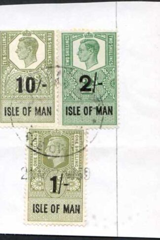 Isle of Man KGVI 10/- + 1/- + 2/- Key Plate Type Revenues CDS on Piece