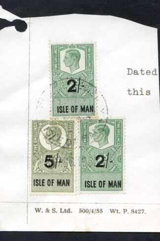 Isle of Man KGVI 5/- and 2 x 2/- Key Plate Type Revenues CDS on Piece