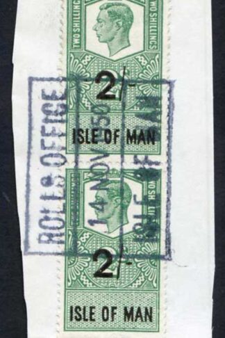 Isle of Man KGVI 2/- Pair Key Plate Type Revenues CDS on Piece