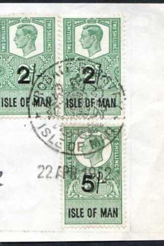 Isle of Man KGVI 5/- and 2 x 2/- Key Plate Type Revenues CDS on Piece