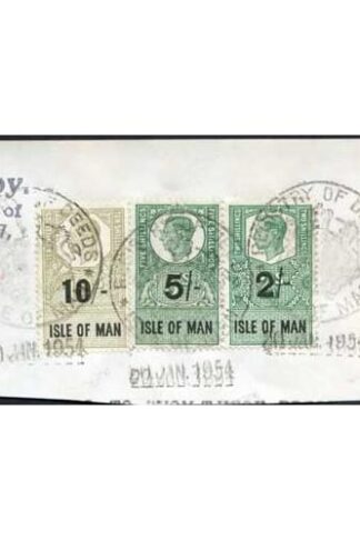 Isle of Man KGVI 10/- 5/- and 2/- Key Plate Type Revenues CDS on Piece