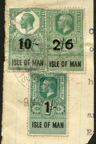 Isle of Man KGV 2/6 PAIR and KGVI 2/- and 6 d Key Plate Type Revenues on Piece