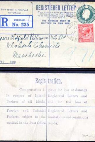 RP30 KGV 4d Grey-green Registered Envelope DP Under Flap Type 8 Size F USED