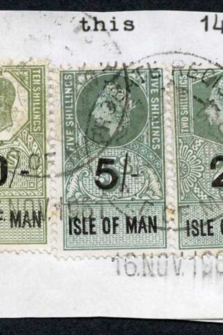 Isle of Man KGVI 10/- + QEII 5/- and 2/- Key Plate Type Revenues CDS on Piece