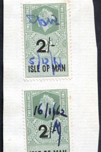 Isle of Man QEII 2 x 2/- Key Plate Type Revenues Manuscript Cancel on Piece