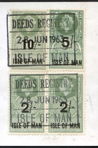 Isle of Man QEII 10/- 5/- and 2 x 2/- Key Plate Type Revenues CDS on Piece