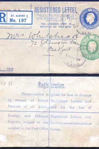RP33 KGV 3 1/2d and 1/2d Registered Envelope BO Under Flap Size F USED
