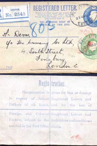 RP33 KGV 3 1/2d and 1/2d Registered Envelope AO Under Flap Size F USED