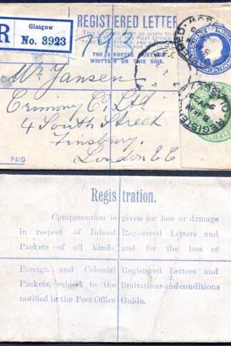 RP33 KGV 3 1/2d and 1/2d Registered Envelope ?? Under Flap Size F USED