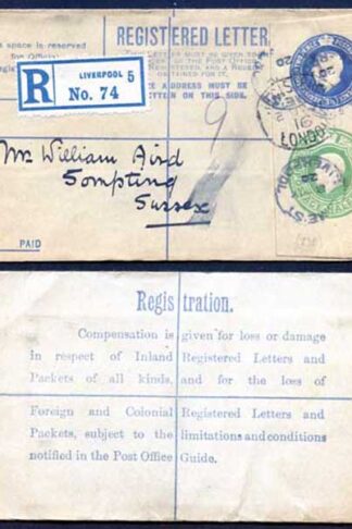 RP33 KGV 3 1/2d and 1/2d Registered Envelope BO Under Flap Size F USED
