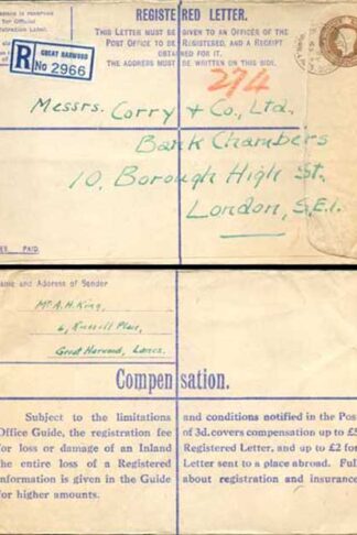 RP54 KGVI 5 1/2d Registered Envelope Size H McCorquodale Imprint Used