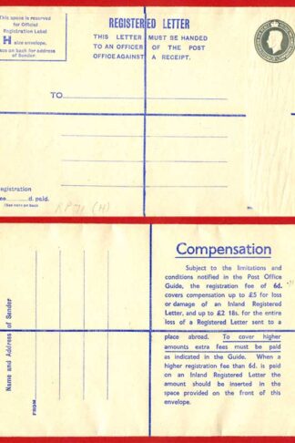 RP71 KGVI 8 1/2d Registered Envelope Size H 6d on the back Mint