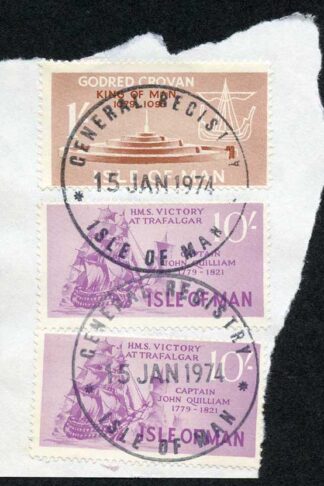 Isle of Man 2 x 10/- Purple and 1/- Brown QEII Pictorial Revenues CDS On Piece