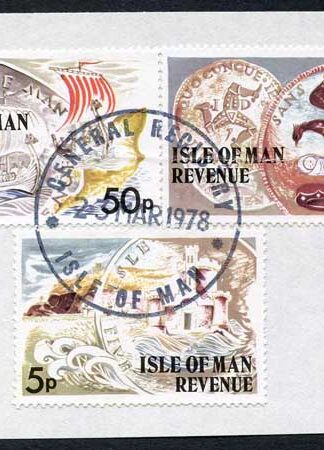 Isle of Man 50p 10p and 5p Multicoloured QEII Pictorial Revenue CDS On Piece