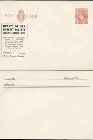 CS129 KGVI 2d Brown Postcard Stamp L26 Size G Mint Hearts of Oak Benefit Society