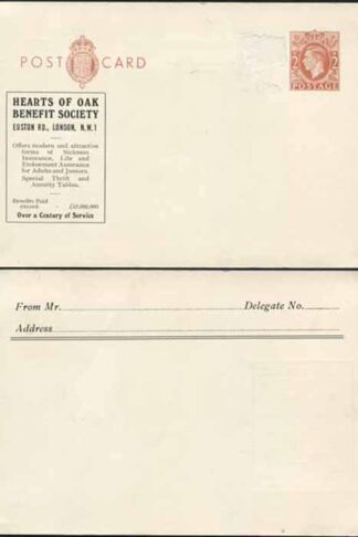 CS129 KGVI 2d Brown Postcard Stamp L26 Size G Mint Hearts of Oak Benefit Society
