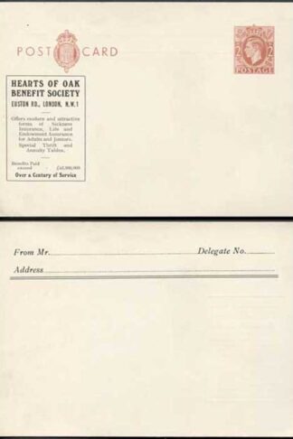CS129 KGVI 2d Brown Postcard Stamp L26 Size G Mint Hearts of Oak Benefit Society