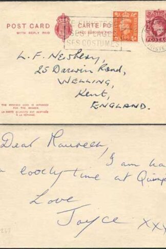 CP105b R KGVI 2d Red Brown Reply Card Used Pinkish Tinted Card Uprated