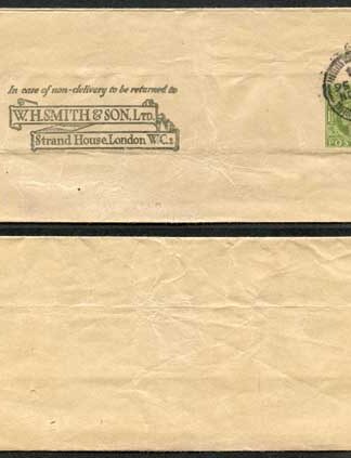 WS38 KGVI 1 1/2d Green Newspaper Wrapper For W H Smith and Son Used