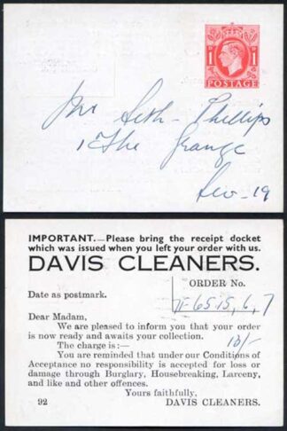 CS99 KGVI 1d Carmine Postcard Stamp L24 Used Feint Cancel