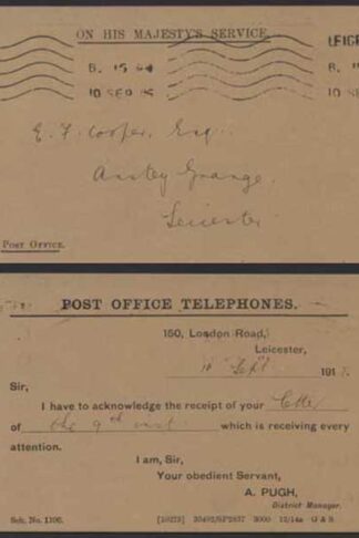 1918 On His Majesty's Service Stampless Telephones Postcard Used