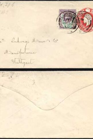 EP43 KEVII 1d Carmine Envelope Stamp 20 Size E Used Uprated London Cancel