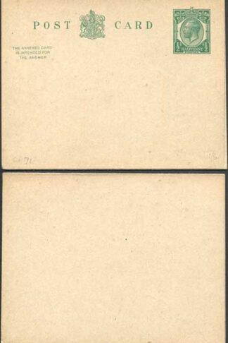 CP71 KGV 1/2d Green Inland Reply Card Format CF13 Stamp L13 Mint
