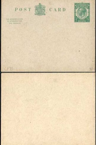 CP71 KGV 1/2d Green Inland Reply Card Format CF13 Stamp L13 Mint