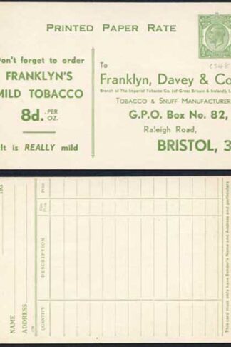 CS61 KGV 1/2d Green Stamp L13a Printed Matter Card Mint Size F Franklyn Davey a