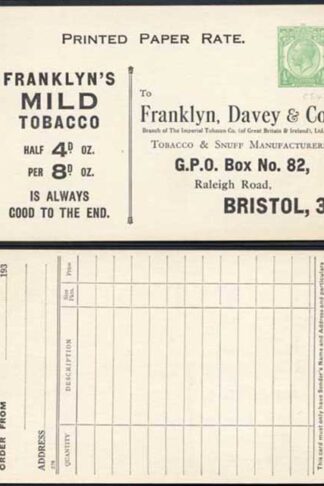 CS61 KGV 1/2d Green Stamp L13a Printed Matter Card Mint Size F Franklyn Davey a