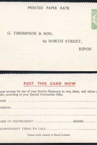 CS63 KGV 1/2d Green Printed Matter Card Stamp L13a Size 78mm x 140mm Mint