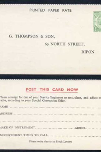 CS63 KGV 1/2d Green Printed Matter Card Stamp L13a Size 78mm x 140mm Mint