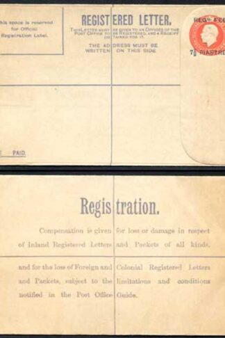 British Levant KGV 7 1/2 Piastres O/P on 5d Orange Registered Letter Size G