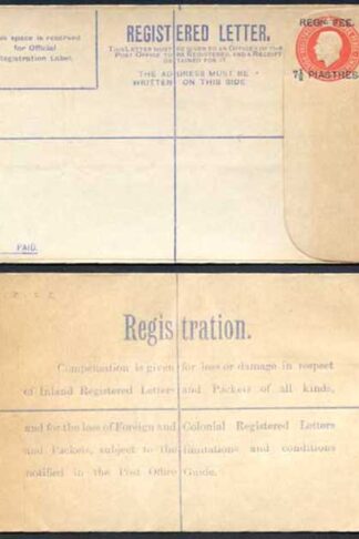 British Levant KGV 7 1/2 Piastres O/P on 5d Orange Registered Letter Size G