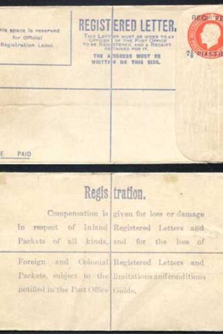 British Levant KGV 7 1/2 Piastres O/P on 5d Orange Registered Letter Size F