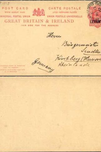 British Levant KEVII O/P on 1d Red Foreign Reply Postcard Used