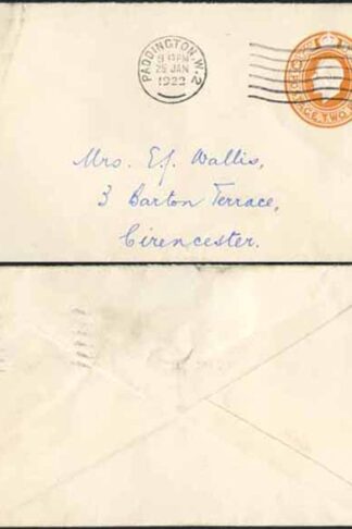 EP62 KGV 2d Orange Envelope Size E Used Paddington Cancel Dated 25 Jan 1922